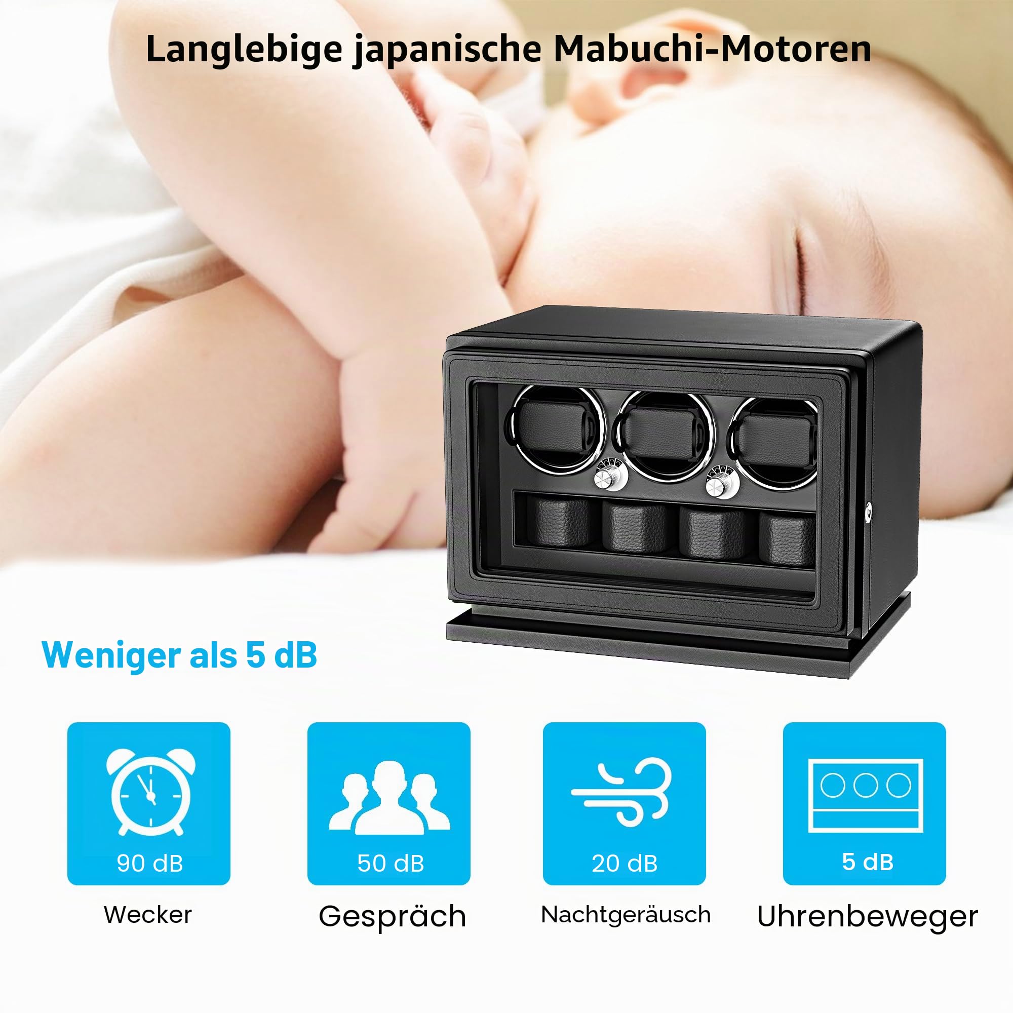 Uhrenbeweger, 2-in-1-Uhrenbeweger mit Schlüsselschloss für 3 Automatikuhren mit 4 Rotationsmodi, Mikrofaserleder, Verstellbarem Uhrenkissen, Leisem Motor und Weißem Licht für Damen & Herren