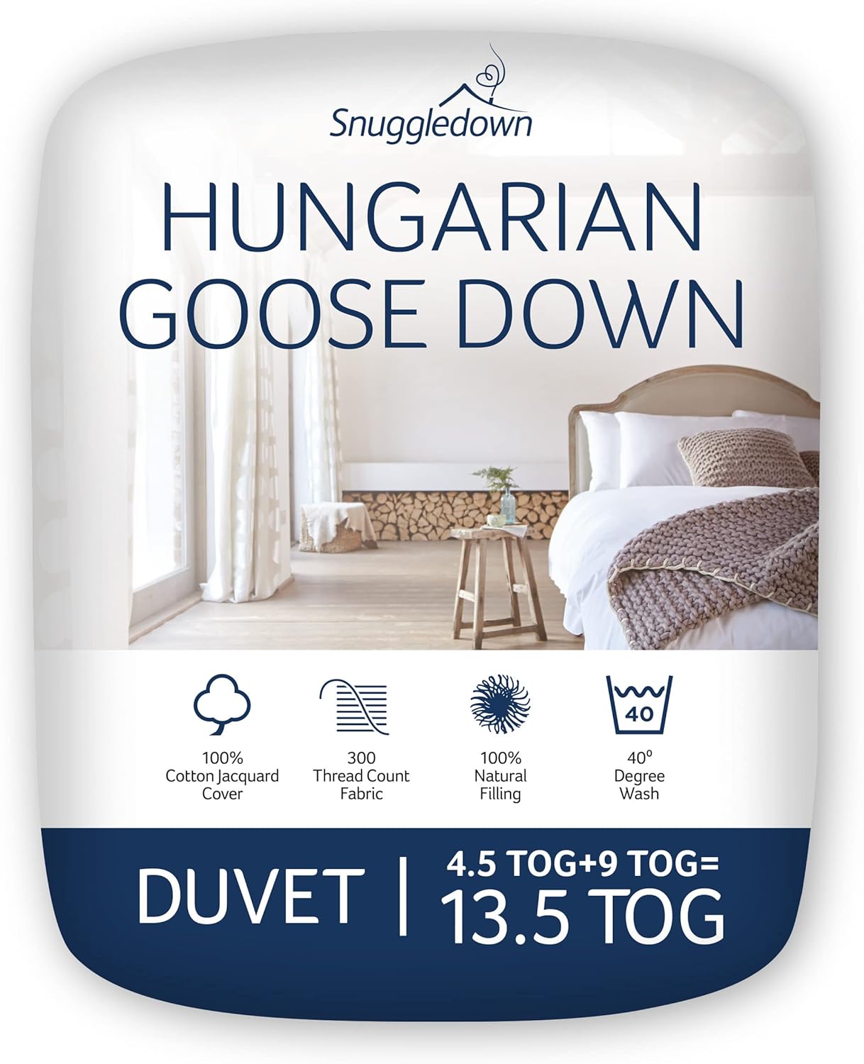Snuggledown Hungarian Goose Down 13.5 Tog King Size Duvet – 4.5 Tog Cool Summer Plus 9 Tog All Seasons 3 in 1 Combination Quilt – Soft Jacquard Cotton Cover, Machine Washable, Size (225cm x 220cm)