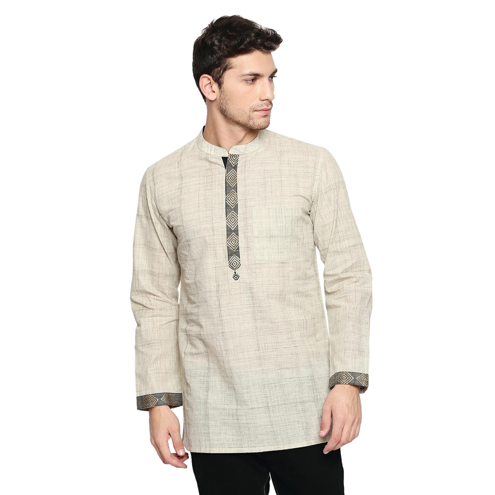 archattire Men’s Cotton Beige Full Sleeve Textured Kurta | Placket Embroidered Regular Fit with Mandarin Collar | Button Closure | Hip Length-picture-30