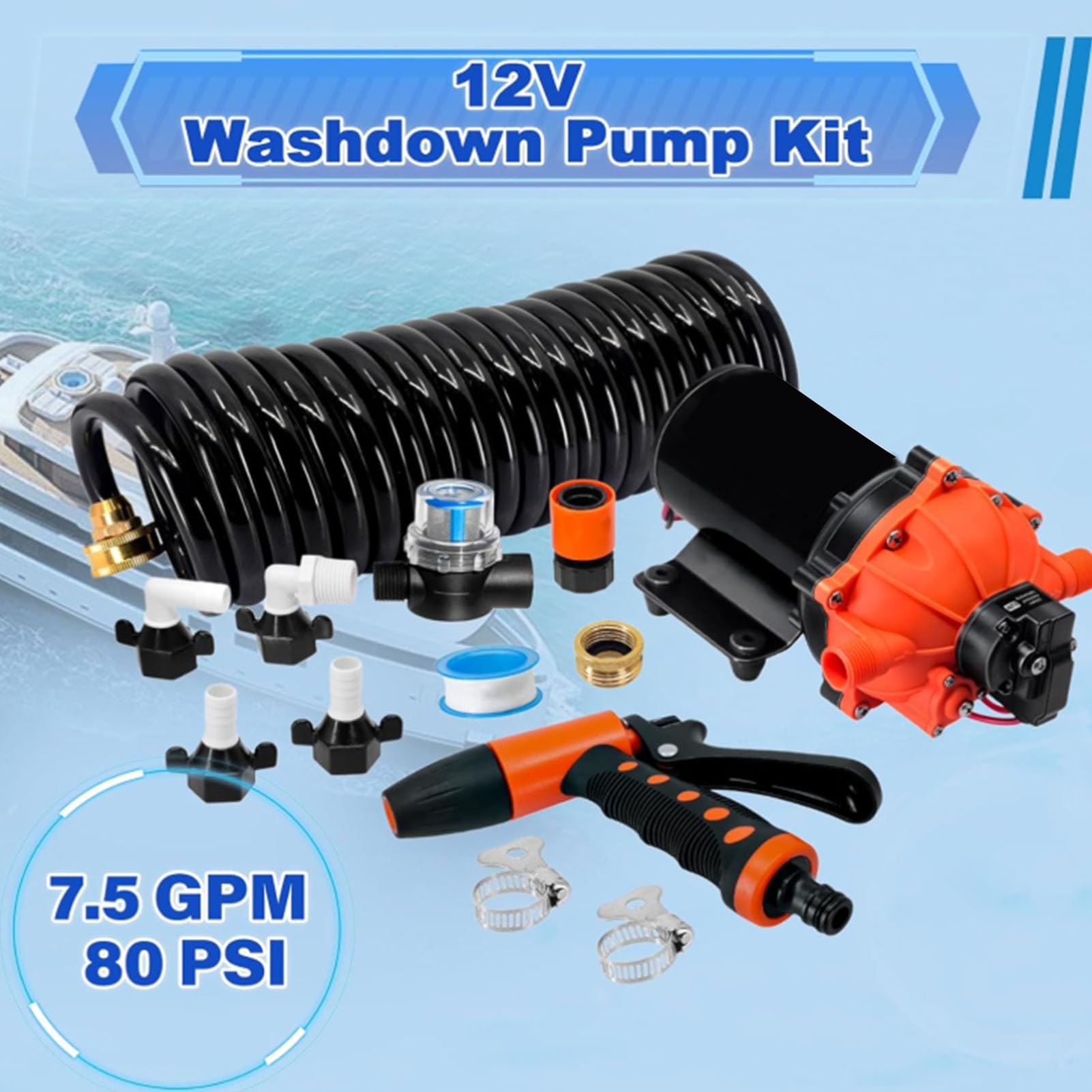 Acouto Zestaw Pompy do Mycia Pokładu, 7,5 GPM, 80 PSI Wbudowany Filtr, z Automatycznym Wyłącznikiem Ciśnieniowym, do Pojazdów Kempingowych, łodzi, Opryskiwaczy, Przyczep Podróżnych,