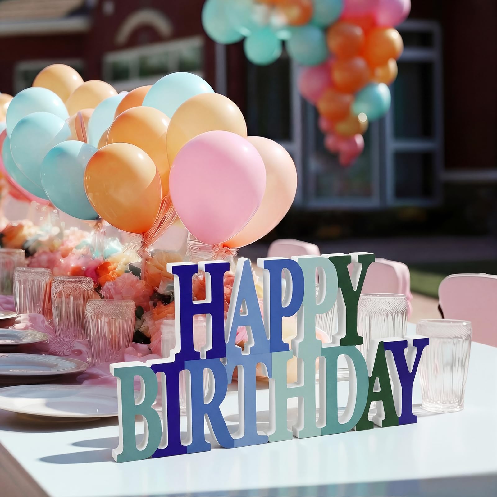 Novabright Brokatowy niebieski i zielony znak "Happy Birthday" dekoracja na stół dekoracje na przyjęcie urodzinowe dla kobiet urodziny tematyczne uroczystości artykuły imprezowe