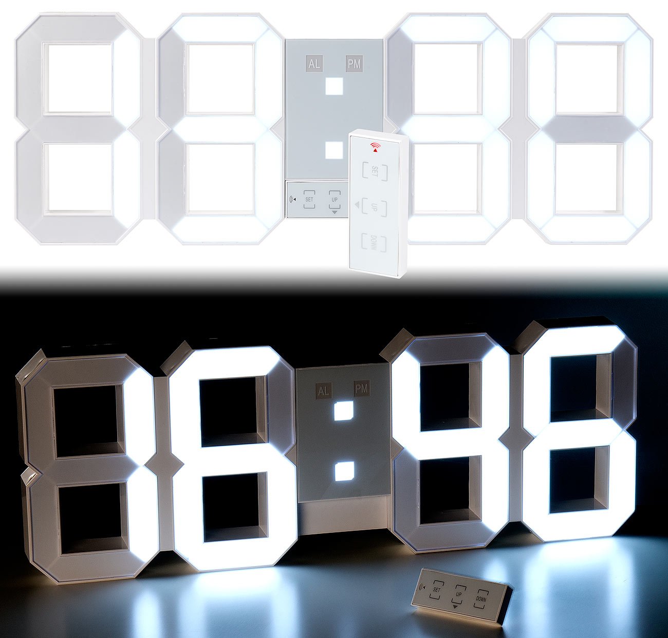 Lunartec Digitaluhr: Digitale XXL-LED-Tisch- & Wanduhr, 45 cm, dimmbar, Wecker, Fernbedien. (LED Uhr Schlafzimmer, Schlafzimmer Uhr beleuchtet, Kabel)
