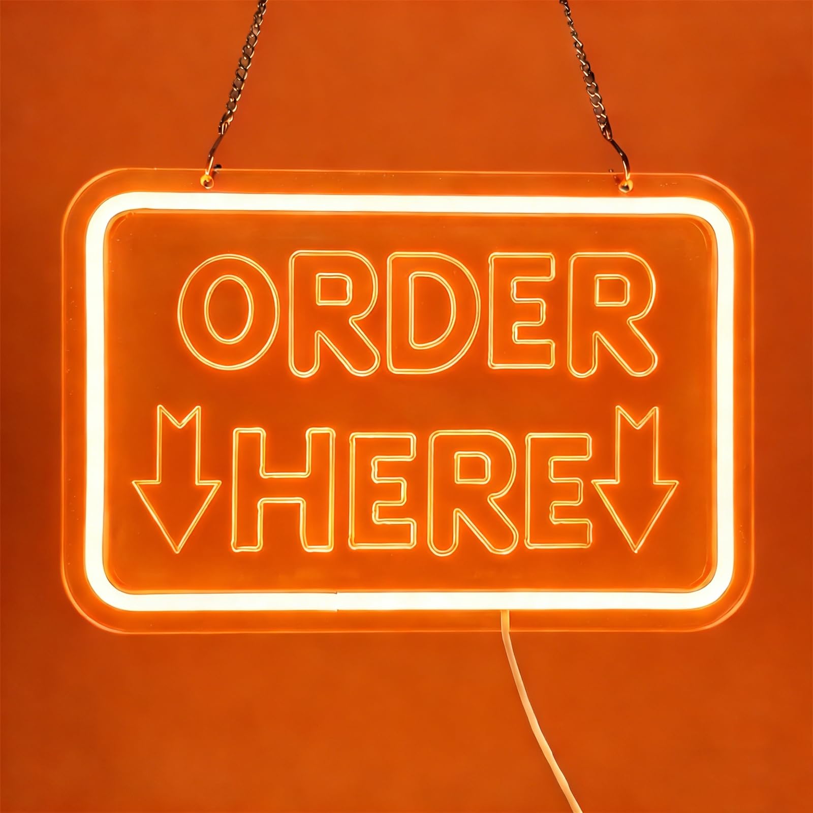 Order Here Letrero de neón, Luces LED de neón USB Regulables para Bares y Tiendas, letreros Decorativos para mostradores de Cajas de restaurantes,Naranja,50x33cm
