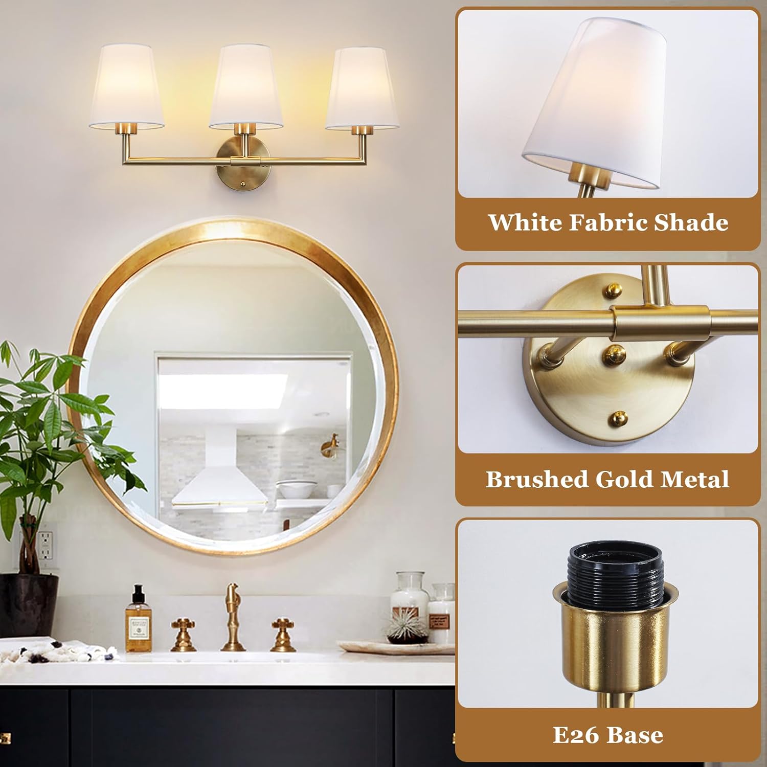 Bathroom Light Fixtures, 3-Light Brushed Gold Vanity Lights with White Fabric Shade, 24.4'' Barthroom Lighting Fixtures Over Mirror, Modern Wall Sconces for Bedroom Living Room Hallway