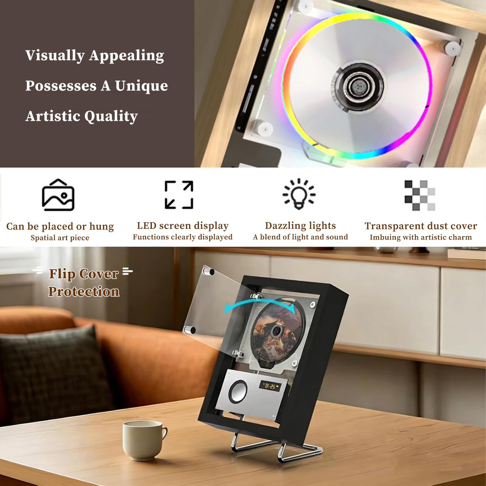 Lettore CD Portatile, Lettore CD Verticale da Parete o scrivania, Senza Altoparlanti, Schermo LED, Telecomando, per Casa/corridoio/Ufficio/Decorazione da Parete Black