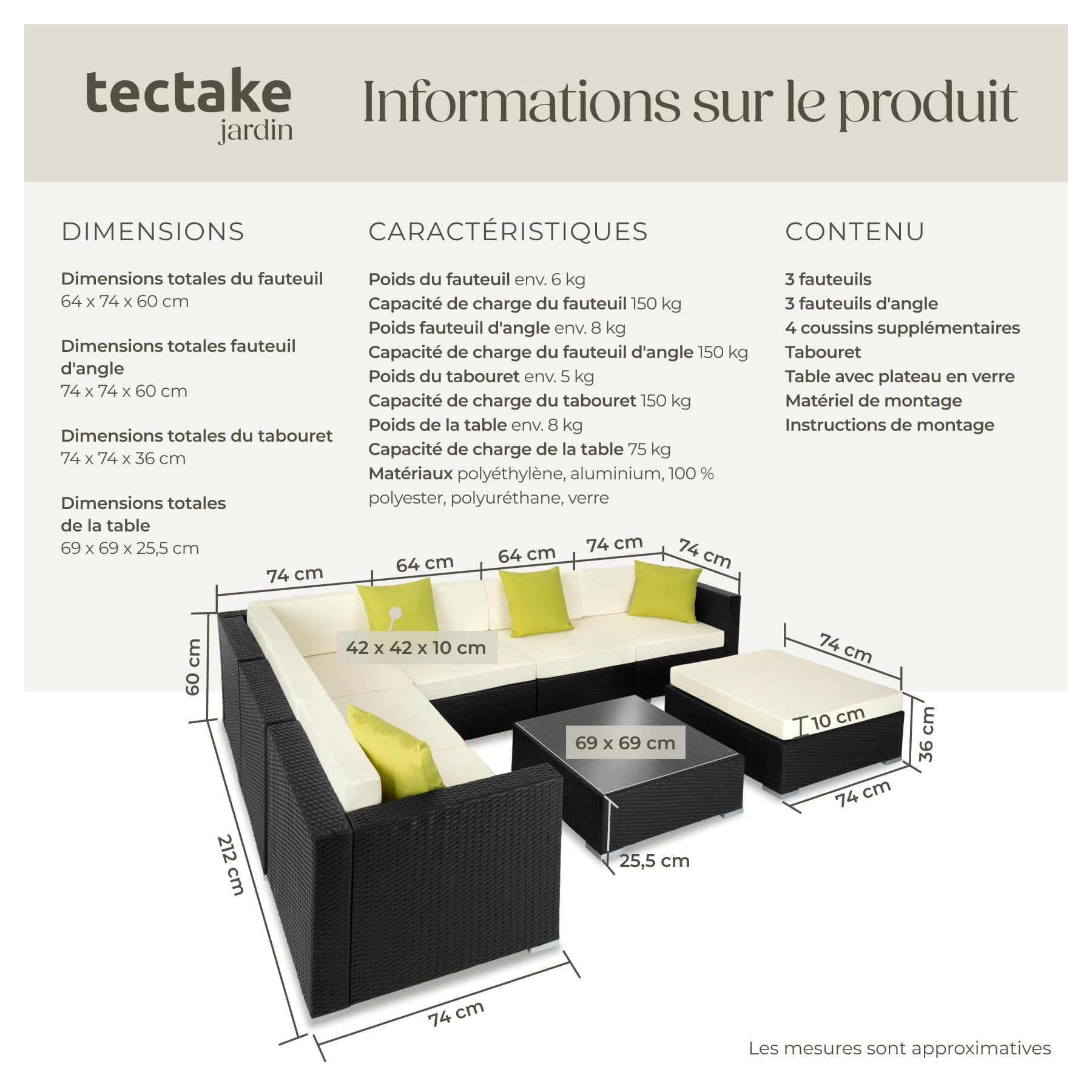 tectake® Salon de Jardin Exterieur Canapé de Jardin en Poly rotin 7 Places Modulable Cadre en Aluminium 6 Fauteuil Jardin 1 Tabouret Pouf 1 Table Coussins Inclus pour Amenagement Balcon Terrasse