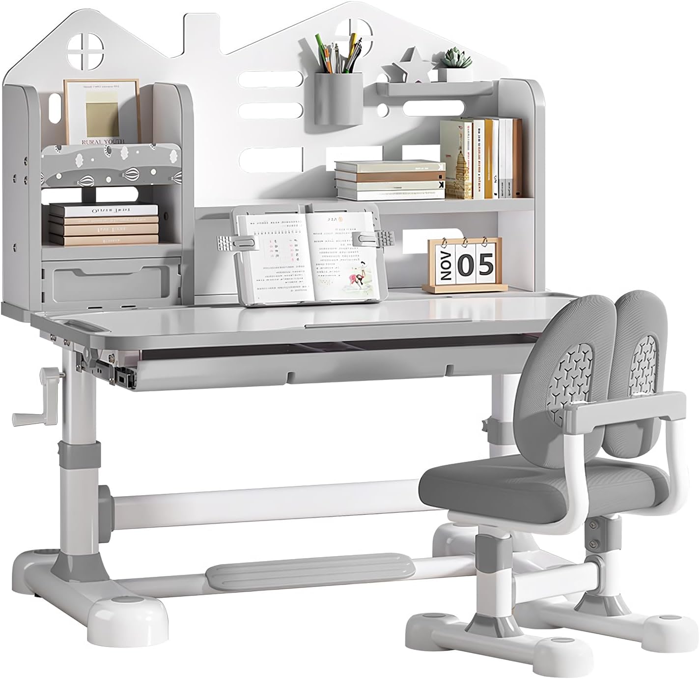 Kids Desk and Chair Set - Height Adjustable Ergonomic Study Desk with Easy-Turn Crank, 50° Tiltable Desktop, Storage Drawer & Built-in Bookstand for Children Boys & Girls Ages 3-12 (Grey)
