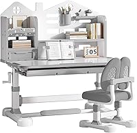 CHIOMEY Kids Adjustable Desk & Chair Set - Ergonomic Height Crank 24-32", 50° Tilt Desktop, Storage Drawer, Bookstand Ages 3-12 Grey