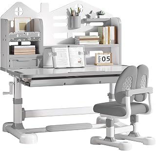 CHIOMEY Kids Adjustable Desk & Chair Set - Ergonomic Height Crank 24-32", 50° Tilt Desktop, Storage Drawer, Bookstand Ages 3-12 Grey
