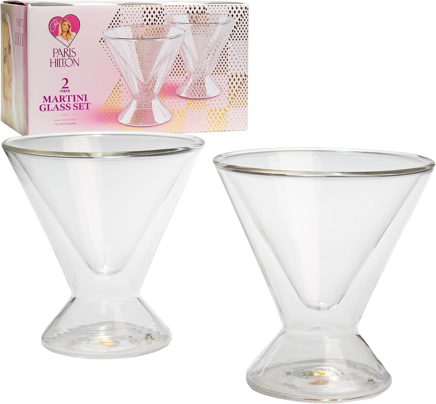 Paris Hilton 2-Piece Martini Glass Set, Double Wall Glass Design, Great for Martinis, Cocktails, Cosmopolitans, Margaritas, 7-Ounce, Clear