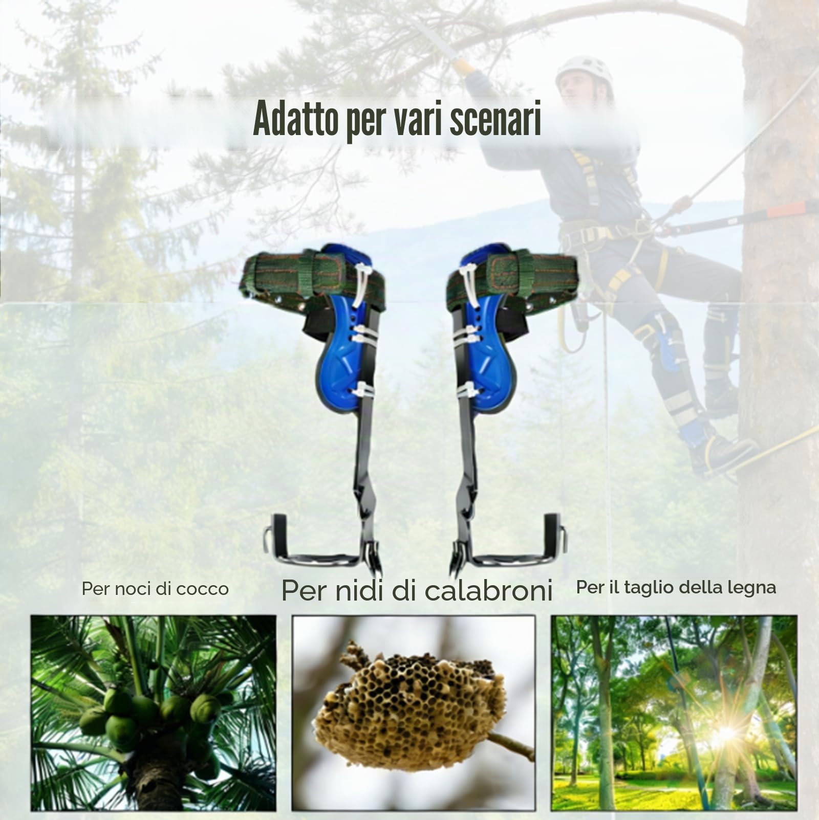 Attrezzatura professionale per l'arrampicata dell'albero, set di chiodi e artigli doppi in acciaio temprato ad induzione, punte a 5 bordi con canali di sangue, regolabile in altezza, con cintura di