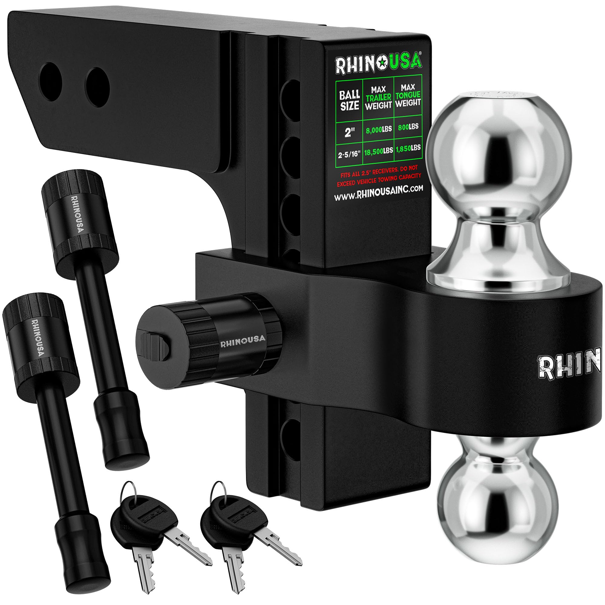 Rhino USA Adjustable Trailer Hitch (2.5-Inch Receiver) - Heavy Duty Aluminum Tow Hitches with 8-Inch Drop/Rise for Truck (18,500 LBS GTW) - Weatherproof Double Anti-Theft Locking Hitch Pins (Black)