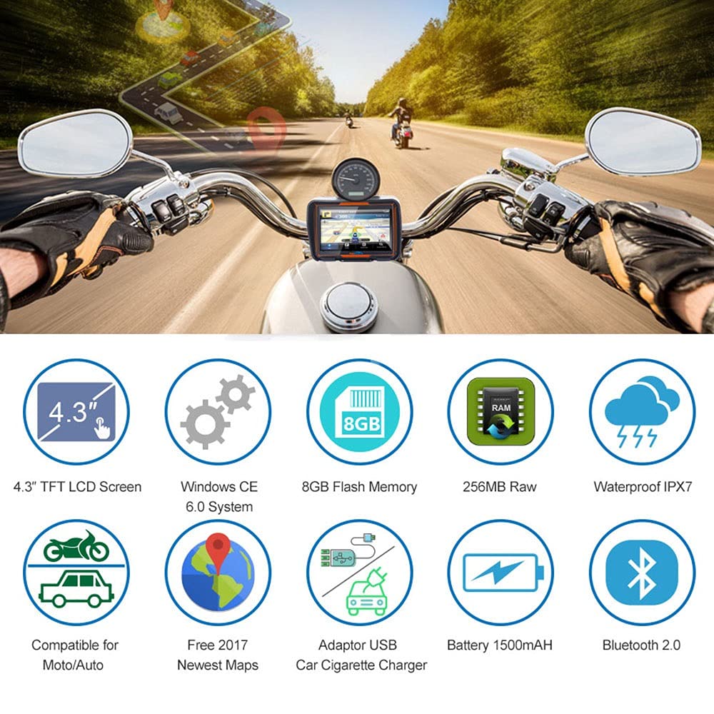 Dispositif De Navigation GPS Moto avec Écran Tactile 4.3in, IPX7 Imperméable, avec Support Spécial De Moto Et Couvercle De Protection, Adapté À Toutes Les Motos