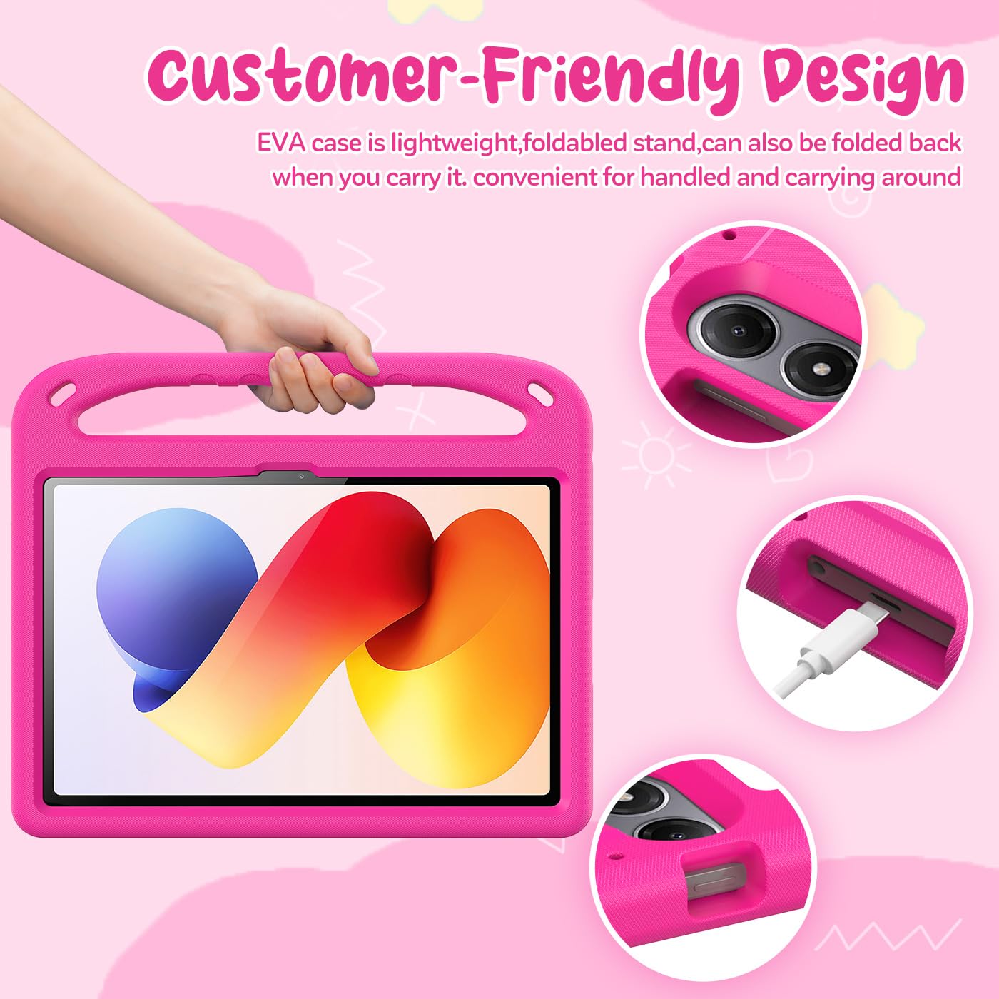 Funda Infantil para Redmi Pad 2 Pro 12.1 Pulgadas 2025, Carcasa Antigolpes con Asa y Correa para Redmi Pad 2 Pro, Magenta