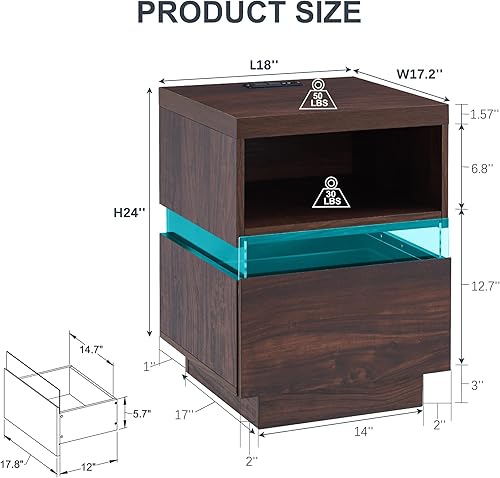 Miniatura 2 de T4TREAM Mesita de noche LED con estación de carga para dormitorio, mesa auxiliar moderna con compartimento abierto y cajón de almacenamiento, mesa