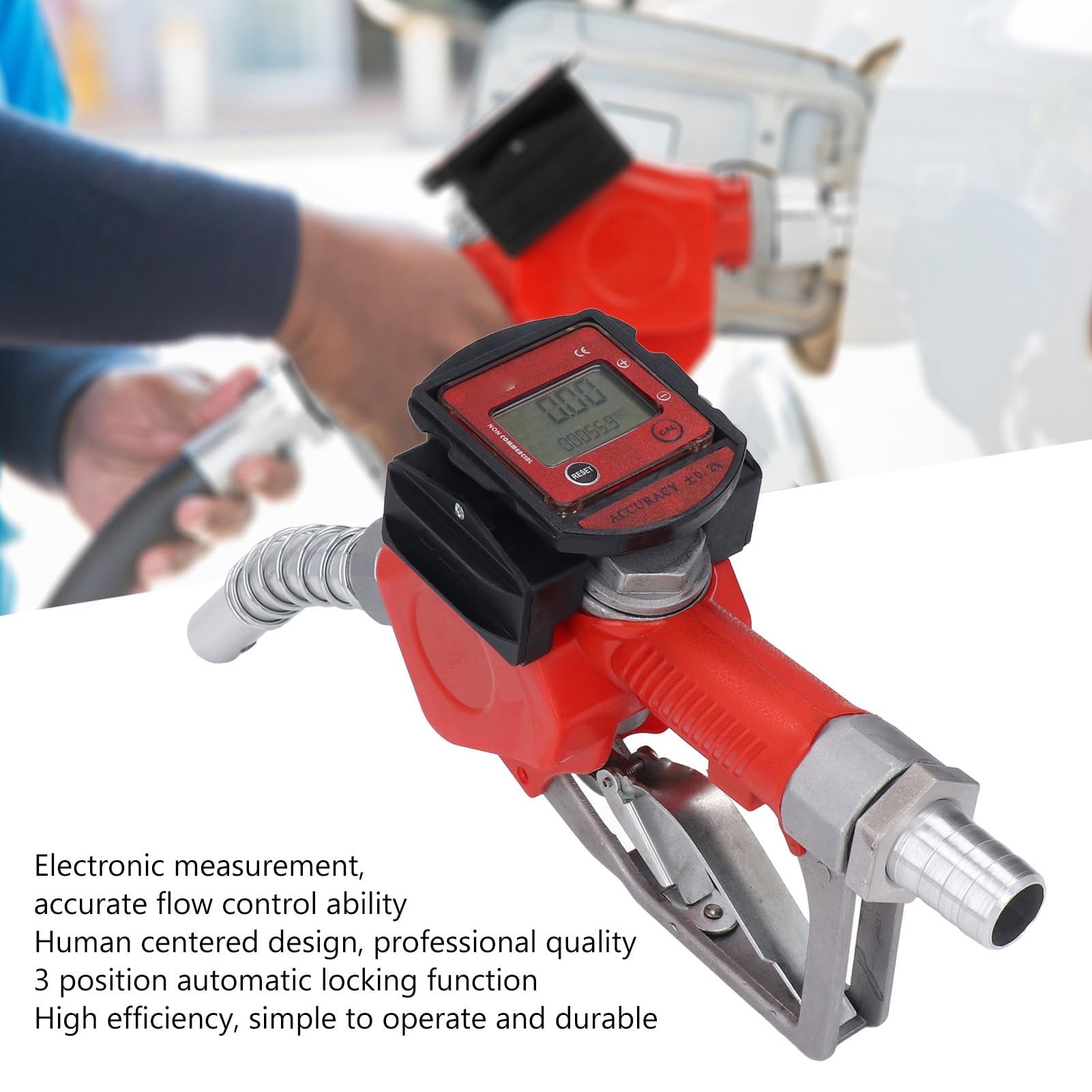 1in BSP Automatische Betankungsdüse K28 10-60 L/min Aluminiumlegierung Digitaler Durchflussmesser Benzin Zapfpistole 3-stellige Digitalanzeige Rot