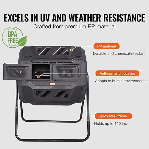 Miniatura 4 de VEVOR Contenedor de compostaje de doble cámara de 43 galones, compostador giratorio grande con 2 puertas correderas y marco de acero, vaso de