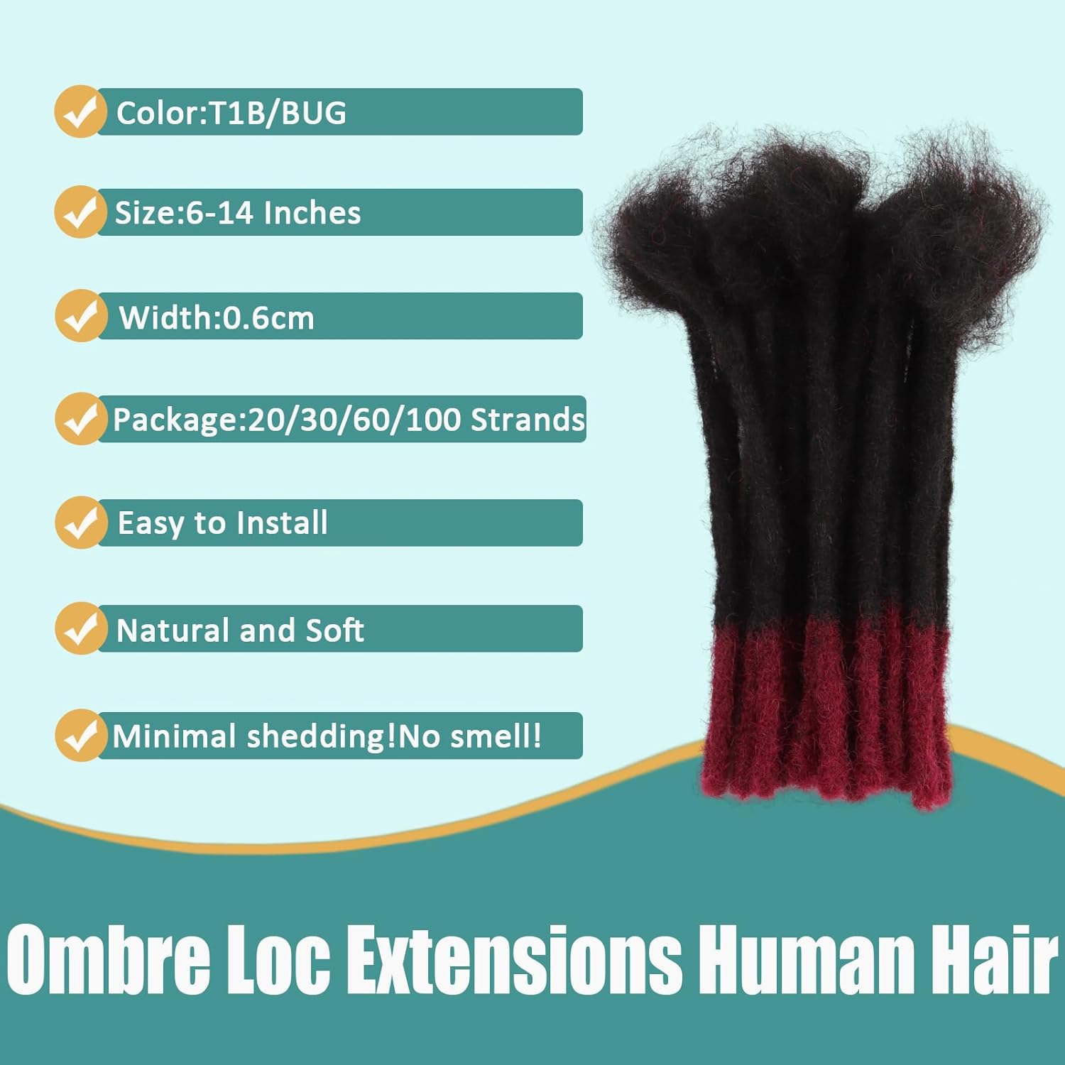 Viovian 0.6cm Loc Extensions Human Hair 6 Inch 20 Strands Ombre Dread Human Hair Dreadlock Extensions for Men Color 1b/Bug