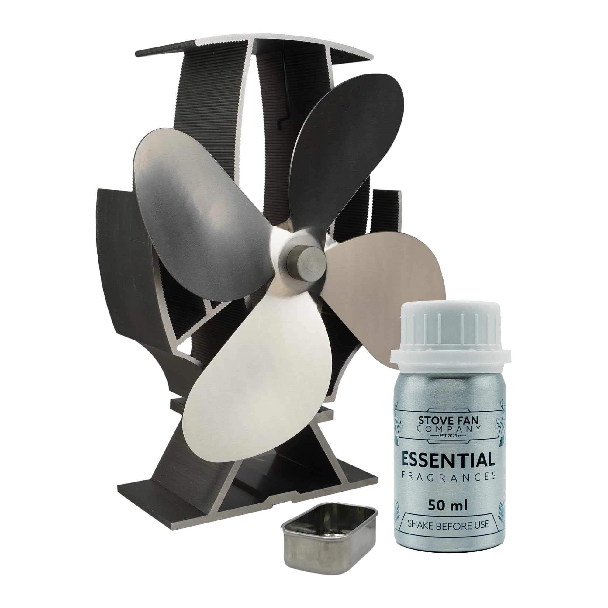 Forest Master Steel Grey Mini Superfast Air Stove Fan With Fragrance Holder - Wood Burners And Log Burners - Efficient Heat Distribution And Scented Ambiance (Includes Fragrance) (Stainless Steel)