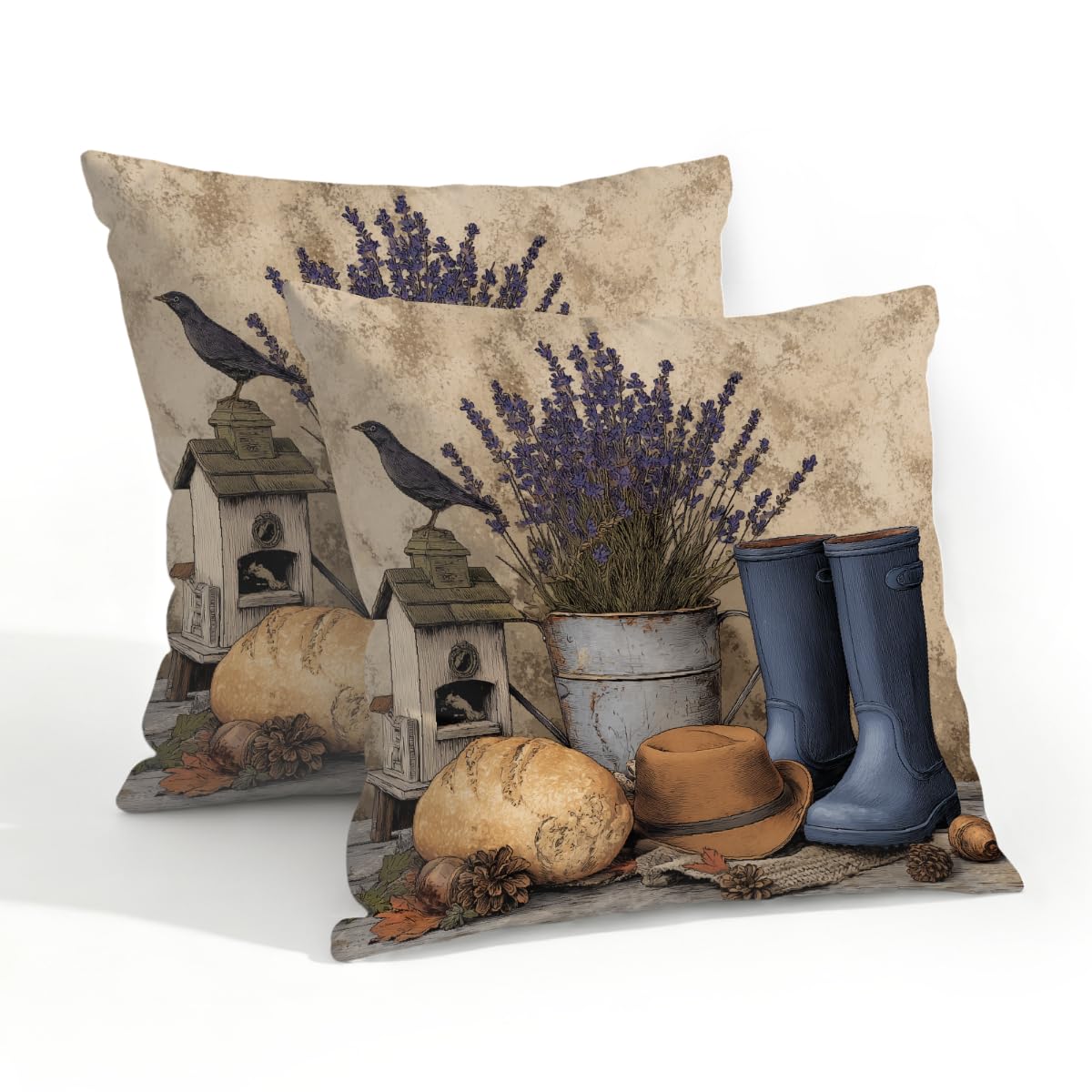 Outdoor Pillow Covers Waterproof Pillowcases 20x20in Set of 2 Rustic Farmhouse Western Lavender Bird Decorative Throw Cushion Case for Couch Sofa Garden Patio Furniture