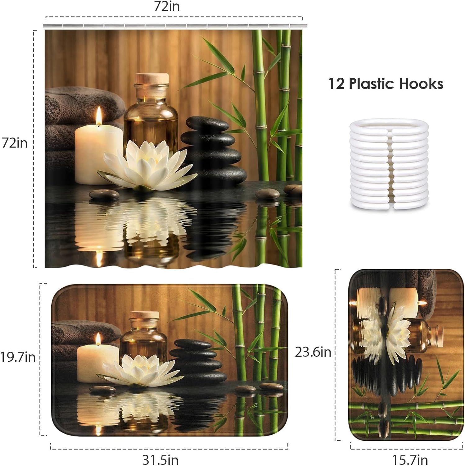 ArtSocket Green Bathroom Set with Shower Curtain and Rugs and Accessories, Bamboo Stones spa Oil Shower Curtain Set, Modern Zen Bathroom Decor 3 Pcs