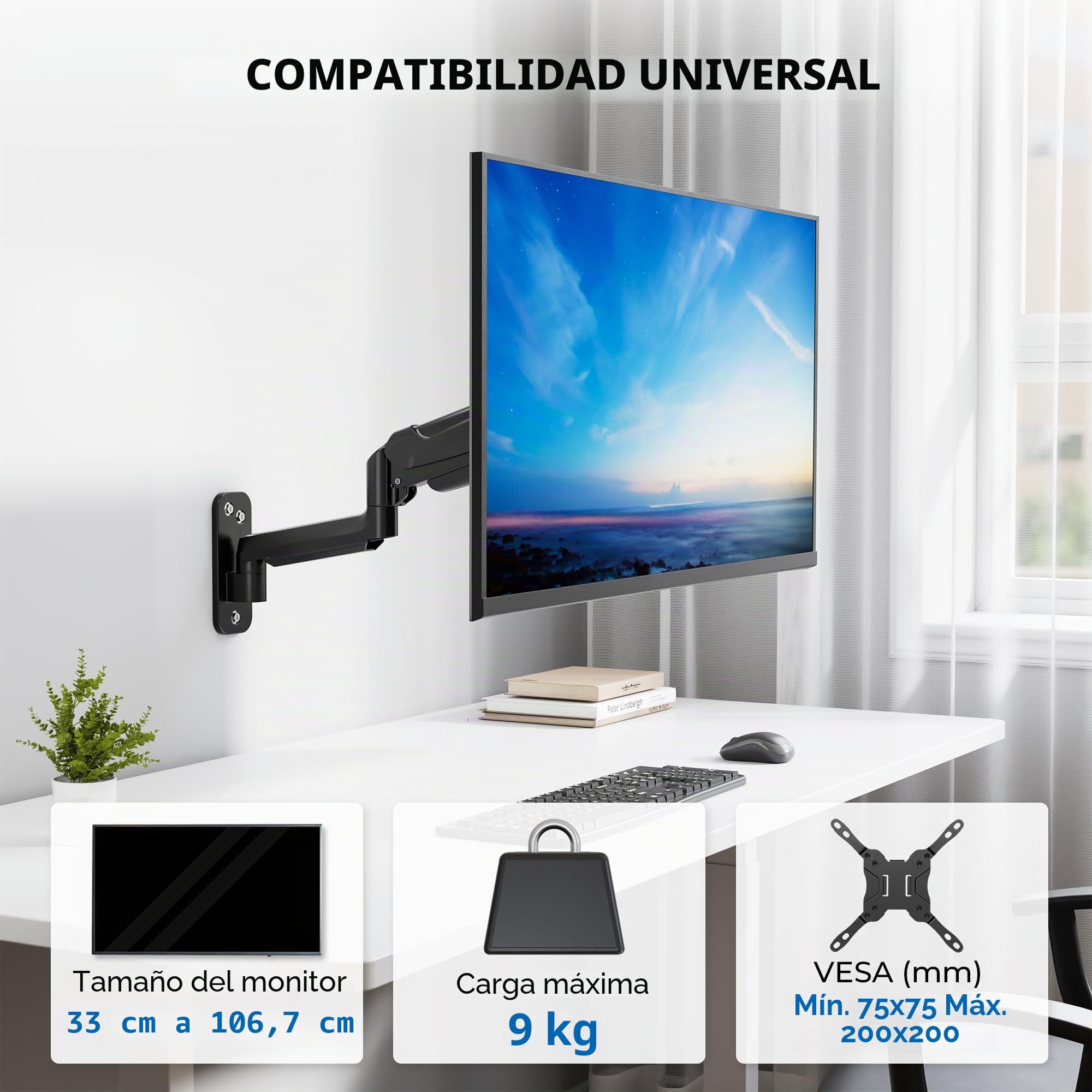 BONTEC Soporte Monitor Pared de 13 a 42 Pulgadas hasta 9 kg, Brazo Monitor Pared con Resorte de Gas Completamente Ajustable, Inclinación y Giro, Altura Ajustable, VESA máx 200x200 mm