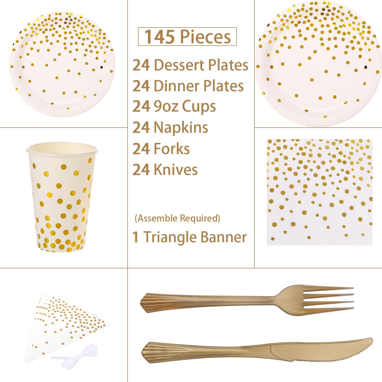 White and Gold Party Supplies 145PCS Disposable Party Dinnerware Paper Plates, Napkins, Knives, Forks, Cups, Banner, for New Year Eve 2026, Bridal Shower, Wedding, Birthday, Serves 24