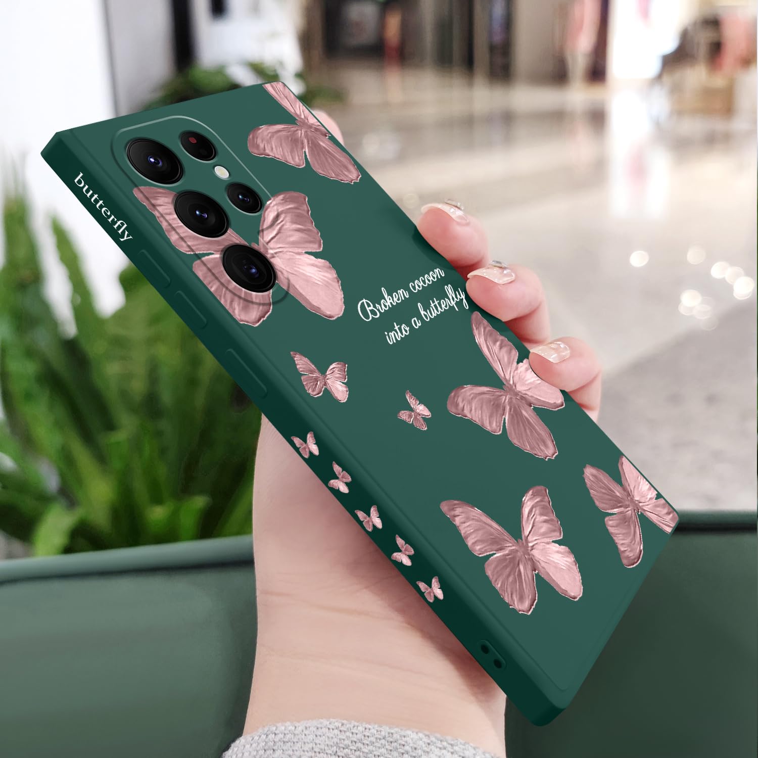Condition photo showing New/Like New for for Samsung Galaxy S22 Ultra Case, Fashionable Flowers Designs Soft Silicone Drop Protective Fingerprint for Samsung S22 Ultra Phone Cover, Butterfly Green
