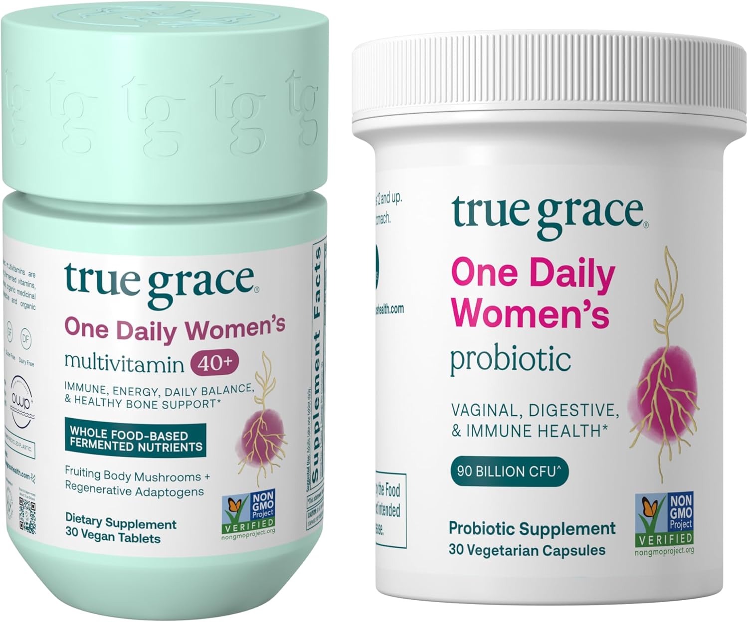 True Grace One Daily Women’s Multivitamin 40+ (30 Vegan Tablets) & One Daily Women’s Probiotic (30 Vegetarian Capsules) - Gluten Free, Soy Free, Organic - 30-Day Supply of Each