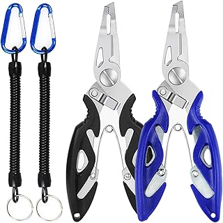 Fishing Pliers, Stainless Steel Fish Hook Remover 2PCS, Multi-Function Fishing Line Cutter Split Ring Opener, Fishing Braid Scissors Gear Accessories Fish Gripper with Lanyard Fly Fishing Tool