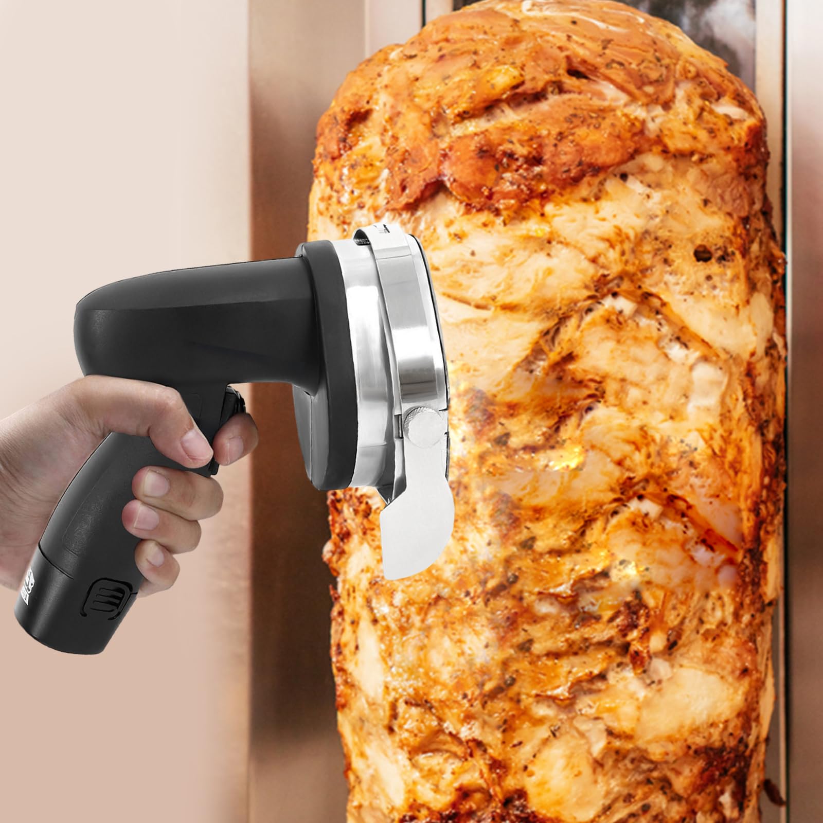 Couteau à Kebab Électrique sans Fil 80 W, Trancheuse à Viande Turc Shawarma Döner Kebab Commerciale en Inox, avec Batterie 2 Lames, Épaisseur Réglable 1-8 mm, pour Restaurant, Snack-bar