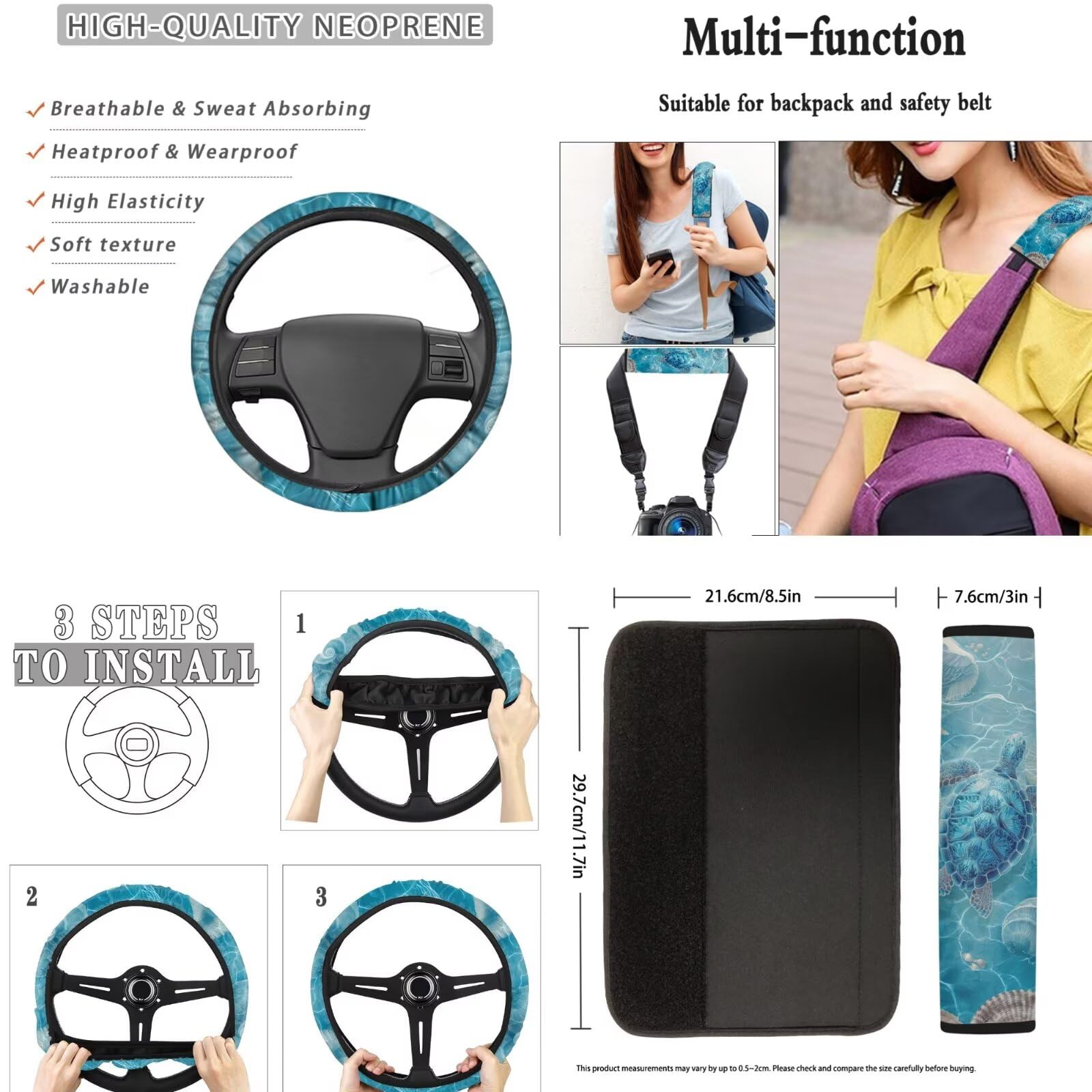 Set di coprisedili universali per interni auto, con coprivolante, poggiatesta, imbottiture per cinture di sicurezza, per camion, berlina, SUV, blu