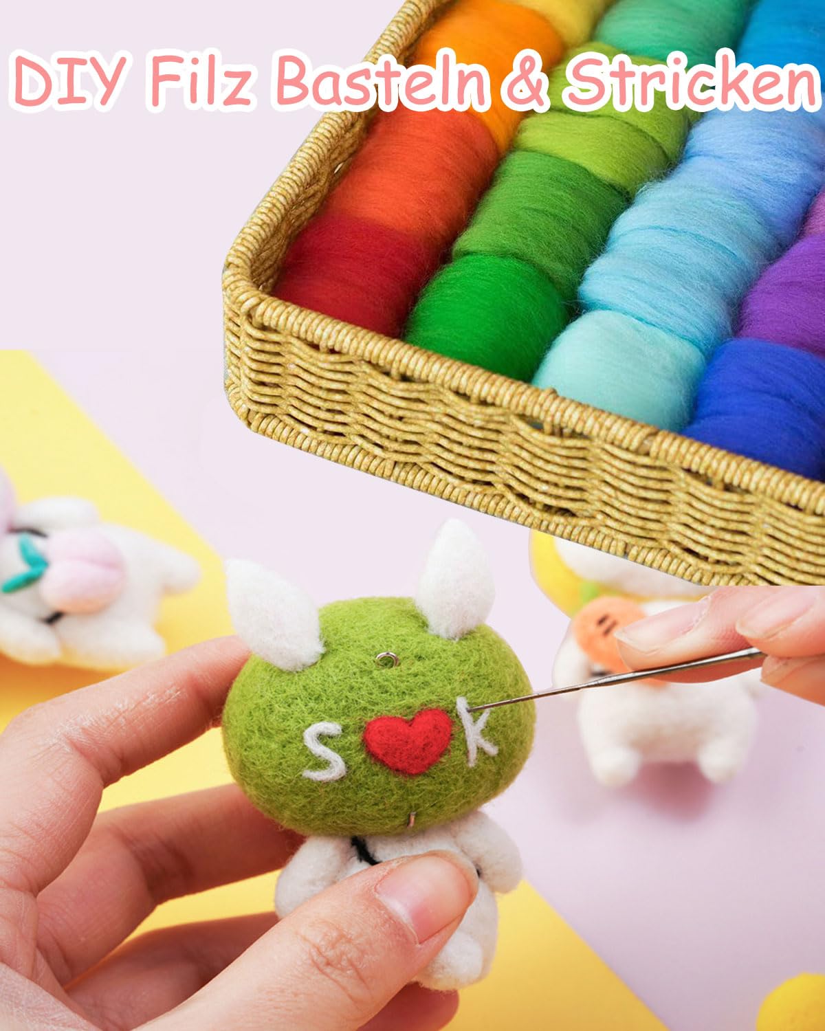 Filzwolle Set 36 Farben 108g Märchenwolle Filzwolle für Nassfilzen und Trockenfilzen, mit Filzunterlage Filznadeln Puppenaugen, Wolle zum Filzen Set zum Basteln für Anfänger Basteln Handwerk