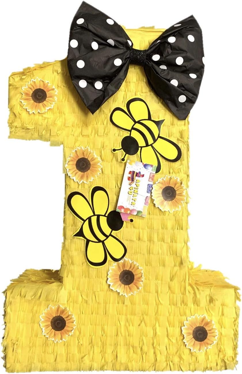 20" Tall Number One Pinata Bee Queen Themed Sunflower First Birthday Party Supplies Yellow Black Color Bumblebee Party