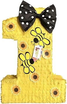 20" Tall Number One Pinata Bee Queen Themed Sunflower First Birthday Party Supplies Yellow Black Color Bumblebee Party