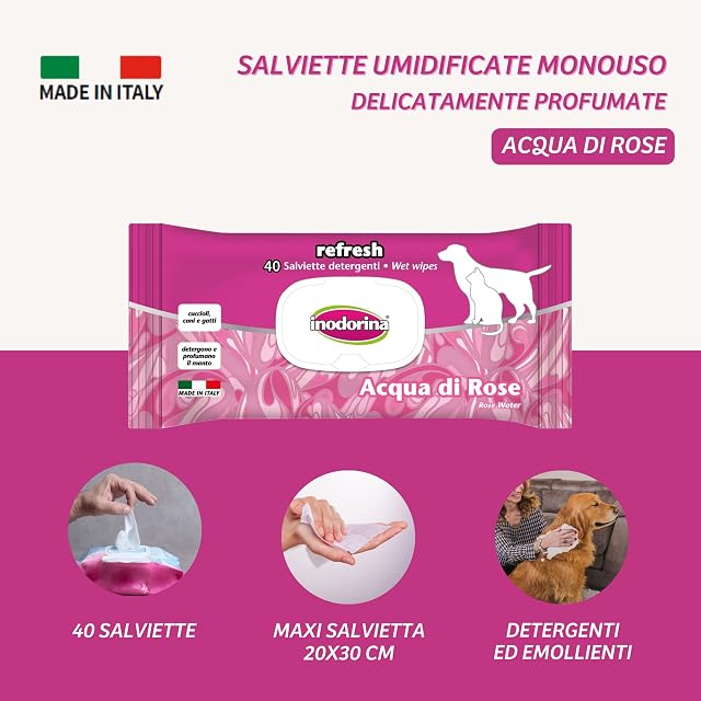 Foto 2 de 4 de Inodorina Toallitas Desinfectantes para Perros y Gatos Refresh Agua de Rosas (40 Unidades). Toallitas Húmedas…