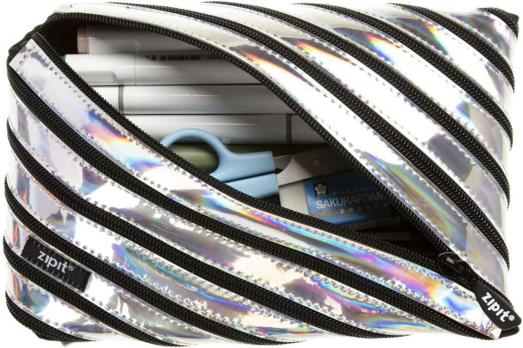 ZIPIT Metallic Large Pencil Case for Girls, Cute Pen Pouch, Holds Up to 60 Pens, Made of One Long Zipper! (Silver)