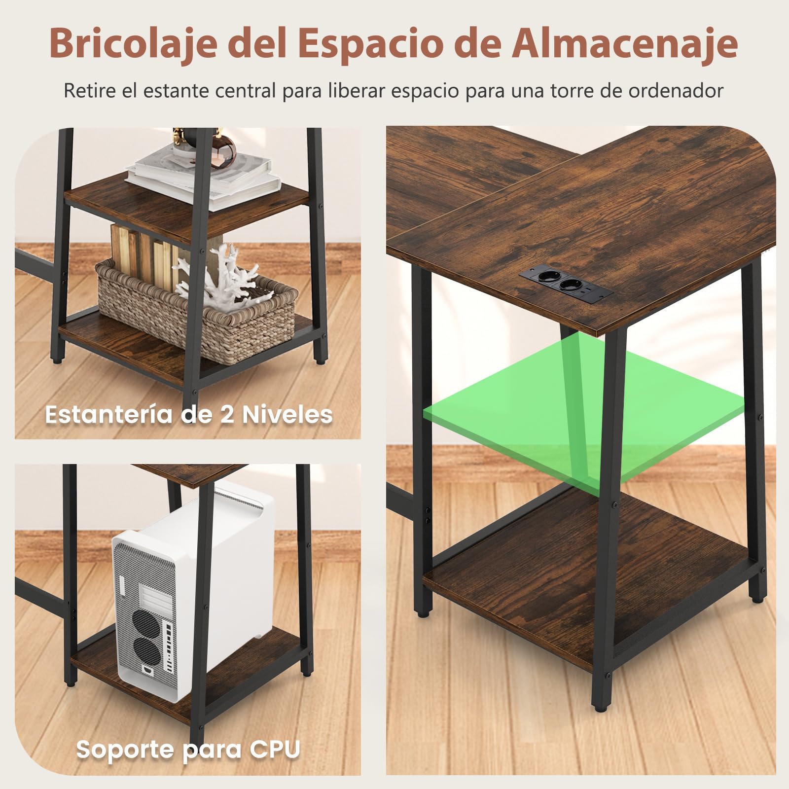 COSTWAY Escritorio Esquinero 120 x 120cm, Tomas de Corriente y Puertos USB, Escritorio en L con 2 Estantería, Estructura de Metal, Mesa Gaming L Oficina Casa (café)