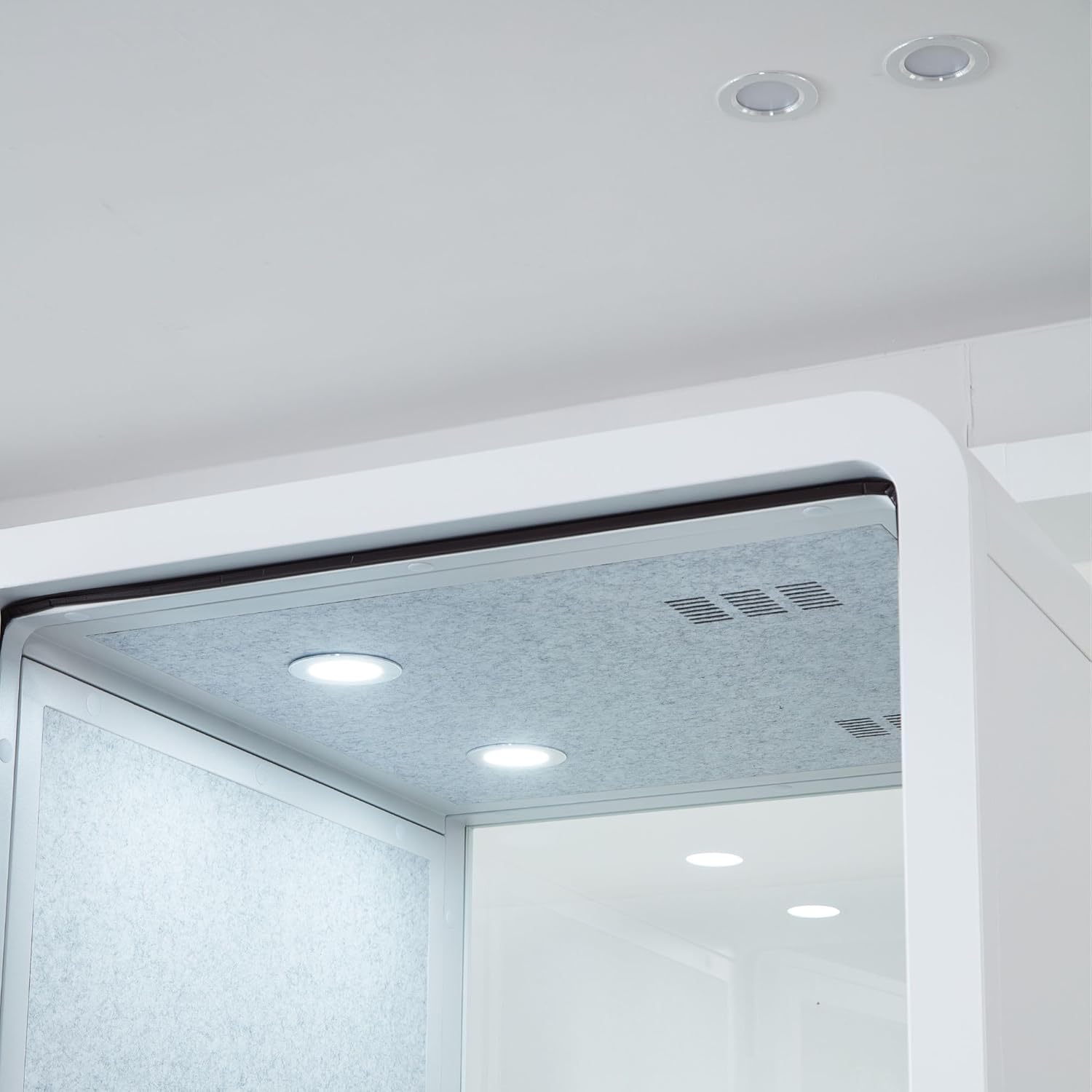 Mobile Office Pod Booth, Solo Soundproof Pod with High-Density Acoustic Panels, Premium Sound Pod with Silent Ventilation, Wheels and Feet, Build-in Table, LED Lighting System, USB Ports (White-Grey)