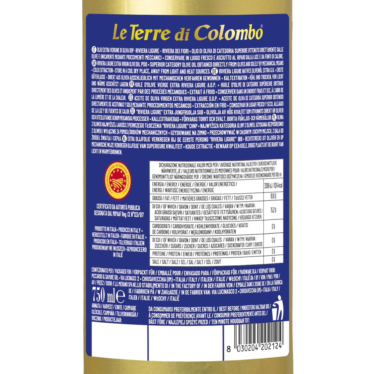 Le Terre di Colombo - DOP Riviera Ligure - Olio Extravergine d'oliva - Bottiglia Dorata - 0.75 litri