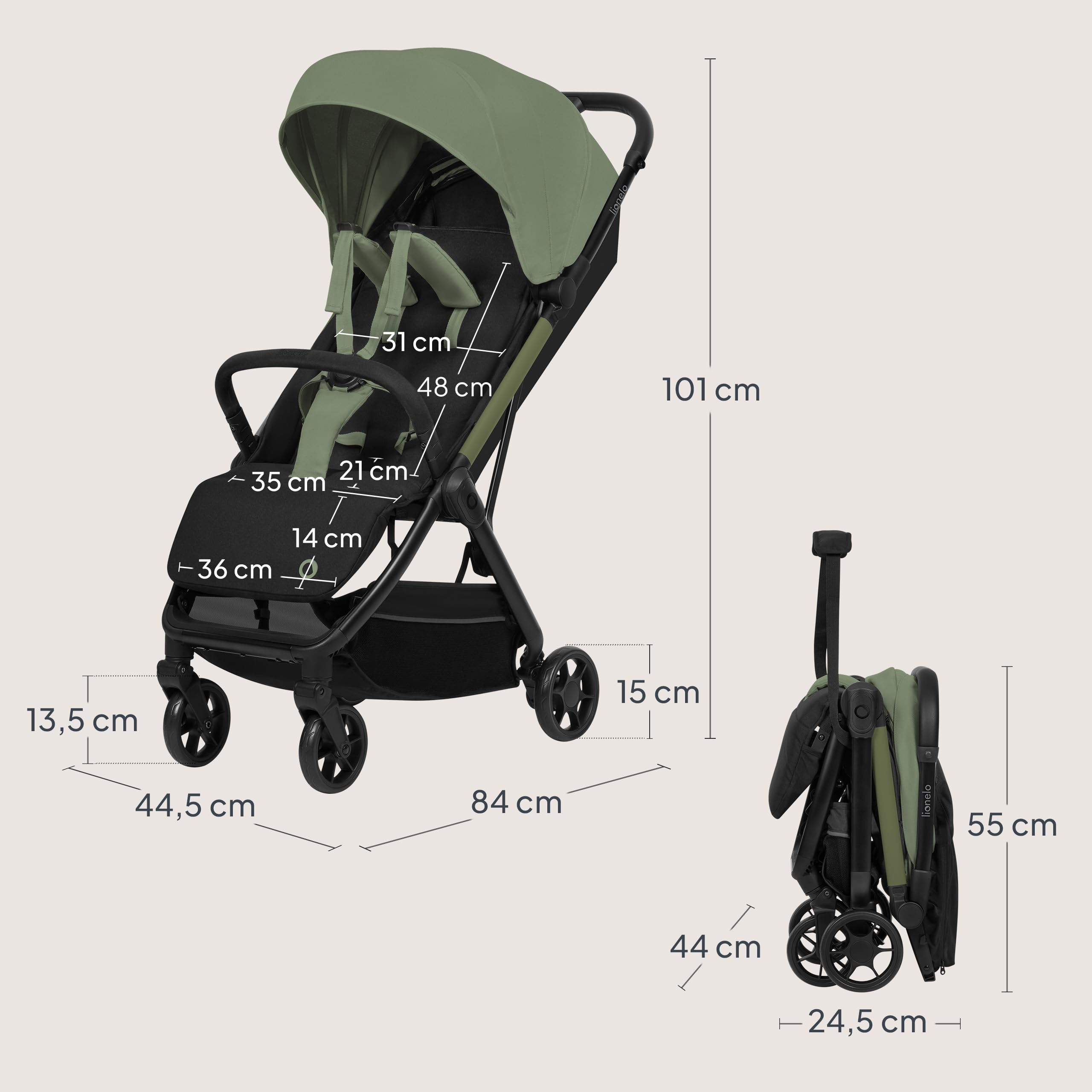 Lionelo Julie Air Buggy bis 22 kg 6 m-4 Jahre 360° Schwenkräder Federung Einhand-Faltmechanismus LSF50+