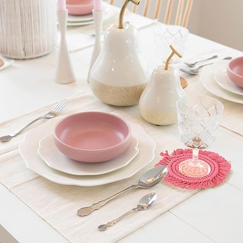 Miniatura 5 de Whaline Juego de 4 posavasos de macramé bohemios, hechos a mano, rojo, rosa, blanco, para bebidas, tapete bohemio con borla para tipos de tazas y