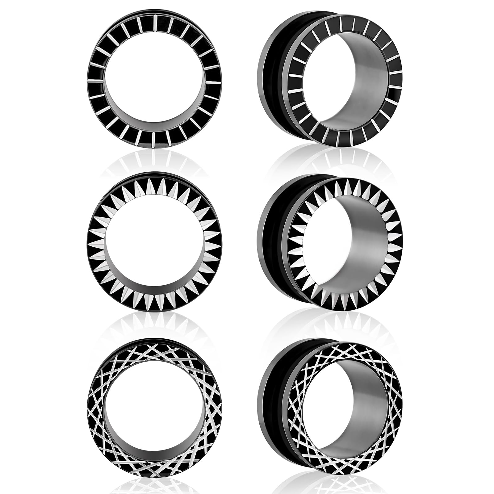 Longbeauty 3 Pairs Black Gauges for Ears 316L Stainless Steel Ear Tunnels Plugs with Unique Line Ear Stretchers Earrings for Women Men