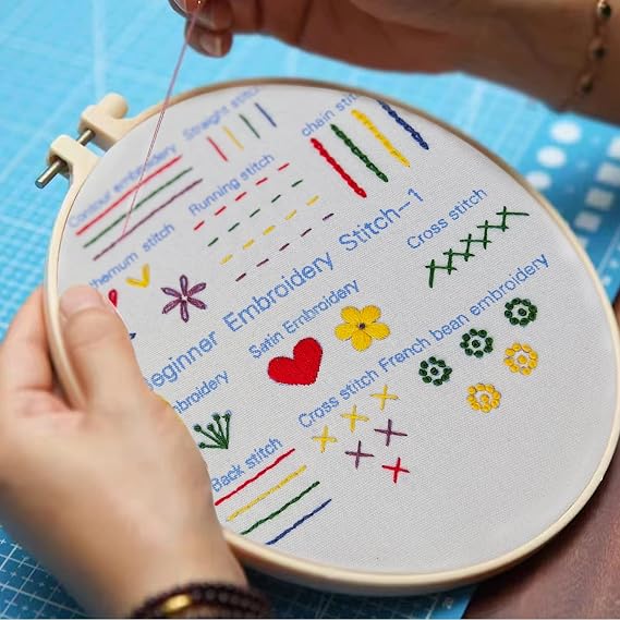 3Pcs 8 Inch Plastic Embroidery Hoops with Sewing Scissors, Seam Ripper,Needle Threader, Round Cross Stitch Hoops with Adjustable Screw, Lightweight & Durable Craft Hoops.