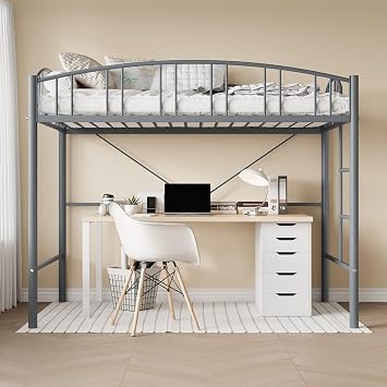 Twin Size Loft Bed with Ladder & Guardrail, Heavy Duty Metal Frame, Sturdy Steel Slats, No Box Spring Needed, Space-Saving Design for Kids, Teens, Dorms & Small Rooms