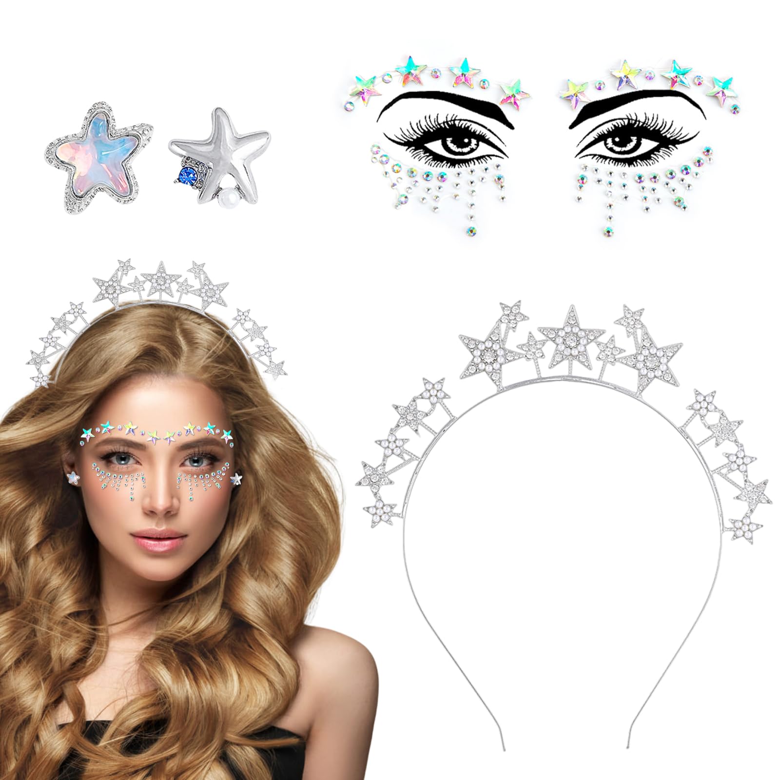 Sterne Haarreif Mit Strass – Silbernes Stirnband & Glitzer-Gesichtstattoo Für Party, Karneval, Cosplay