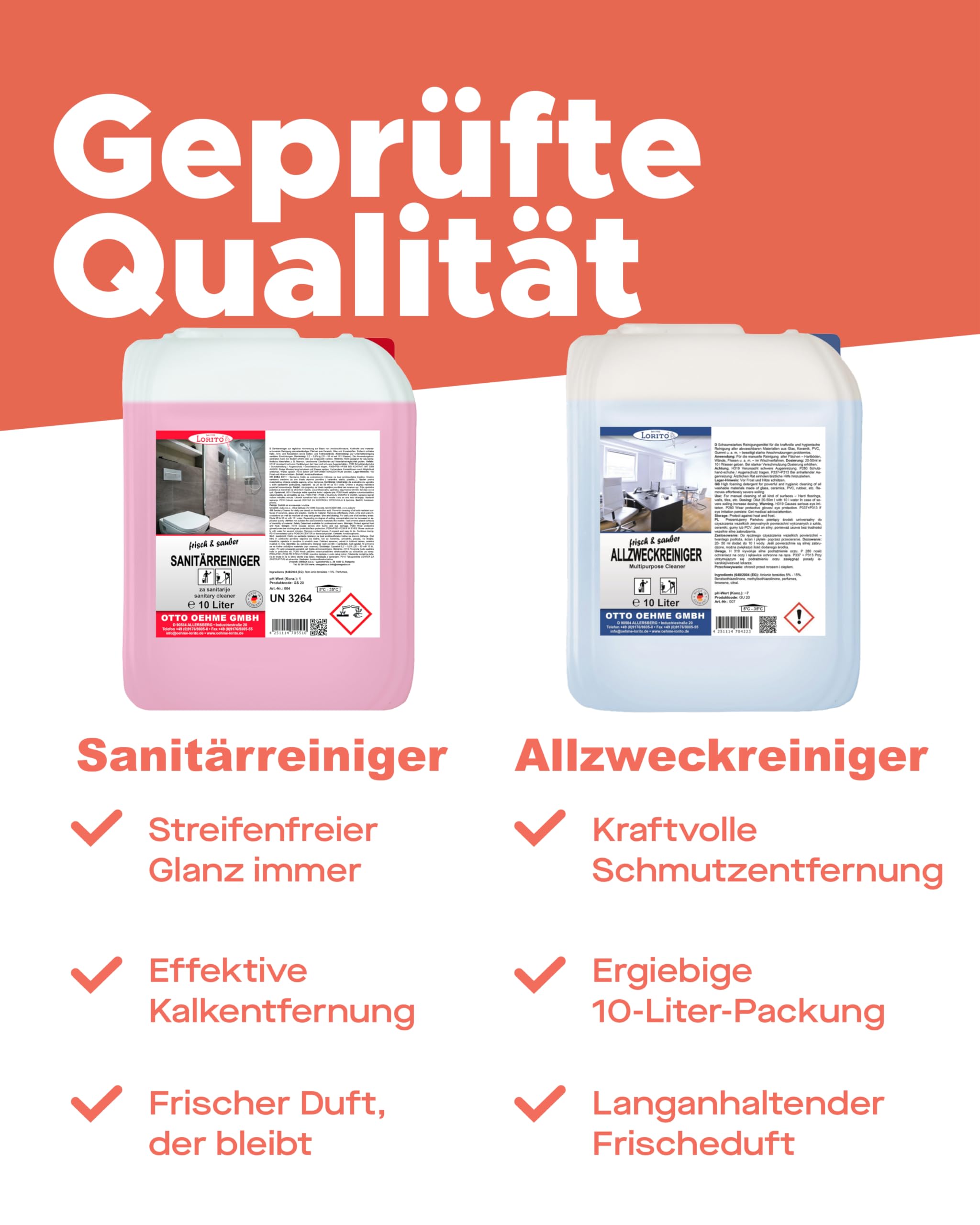 Lorito Set frisch & sauber Kalklöser 2 x 10L & Allzweckreiniger 2 x 10L | Reinigungsmittel gegen hartnäckige Verunreinigungen im Haushalt, ganzheitliches Reinigungs-Set für langanhaltenden Glanz