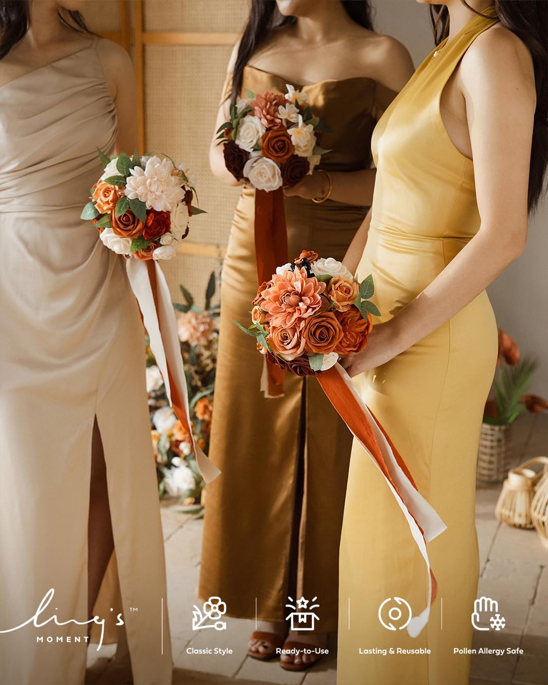 Ling's Moment Artificial Flowers Fake Silk Dahlia Faux Foam Roses Combo for DIY Wedding Bouquets Centerpieces Arrangements Bridal Shower Party Home Decorations, Amber & Terracotta, 23pcs - Image 7