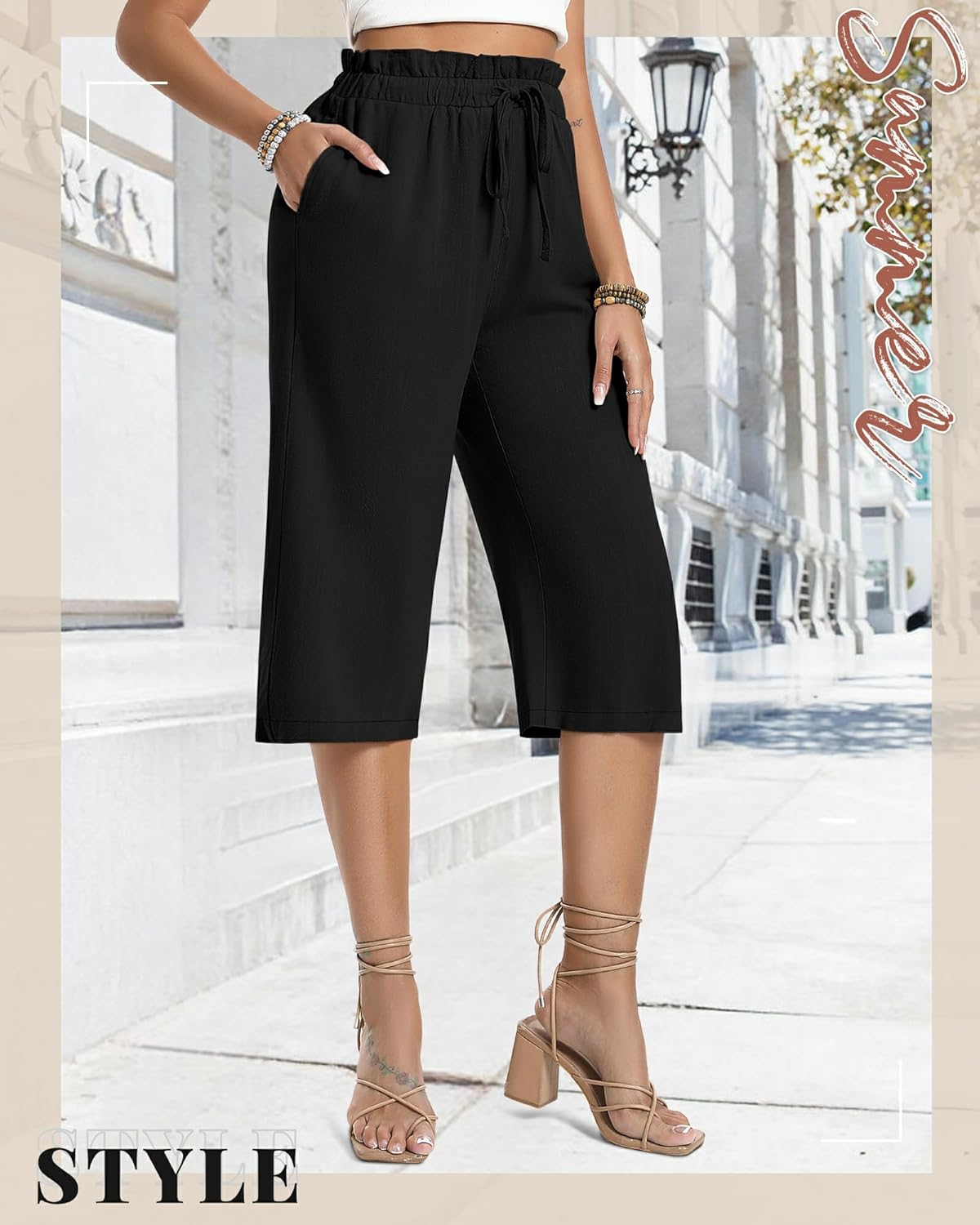 2 Pack Women's Wide Leg Linen Capri Pants Casual High Waist Cropped Palazzo Summer Trousers with Pockets - Image 5