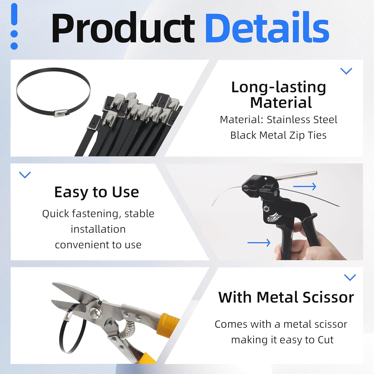 Metal Zip Ties with Special Fastening & Cutting Tools, 200pcs 11.8 inch Stainless Steel Black Cable Ties, Fast tighten & precise cut for Industrial, Vehicles, Home Use, Farms, Fences, Pipe